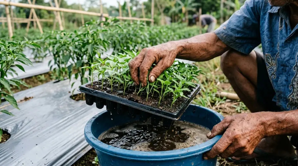 Petani mencelupkan baki tray semai bibit cabai ke larutan BENSU