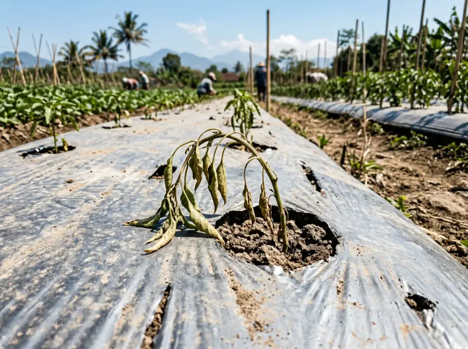 Kondisi bibit cabai layu lemas dan daun gosong di atas plastik mulsa panas