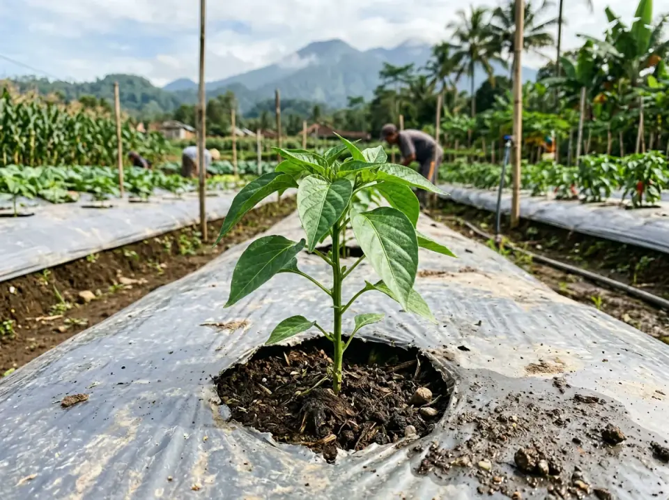 Kondisi bibit cabai berdiri tegak segar di lubang mulsa plastik