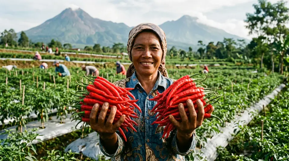 Foto petani memanen cabai merah besar segar mengkilap dari lahan mulsa
