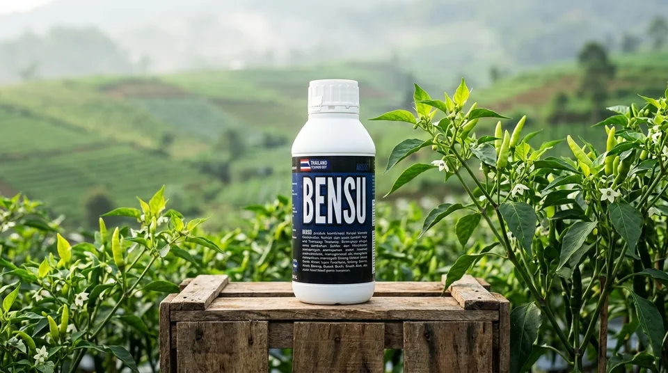 Botol Pupuk Organik Cair BENSU di Lahan Kebun Cabai Bertunas