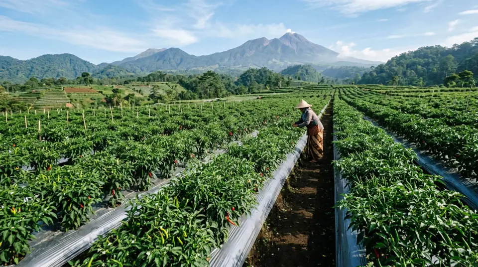 Foto panorama hamparan kebun cabai rimbun hijau subur di lereng bukit