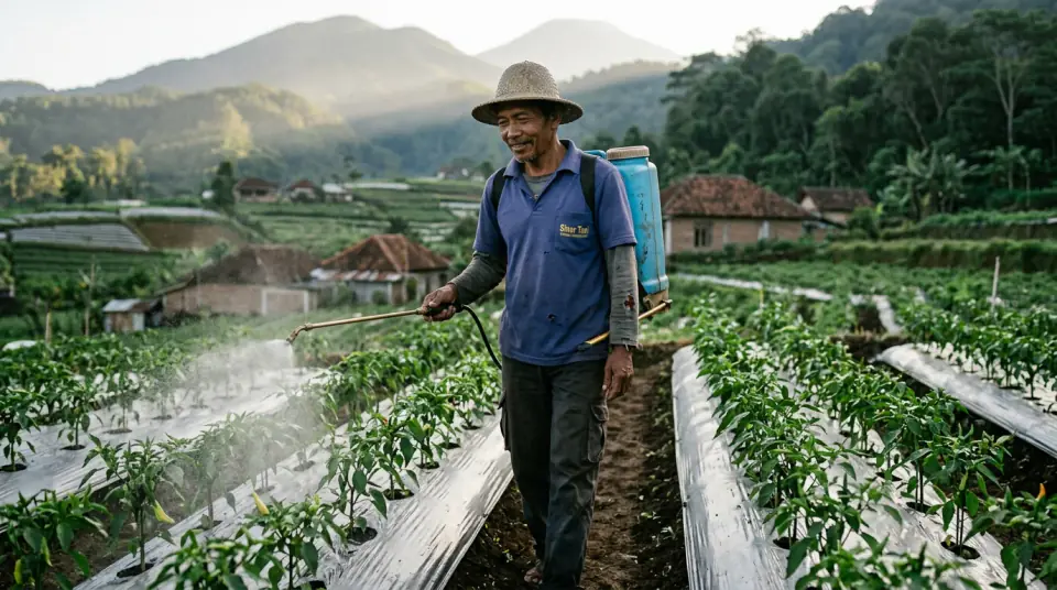 Petani menyemprot kabut nutrisi dingin di lahan tanaman cabai pagi hari