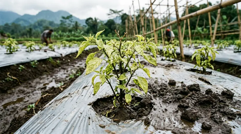 Kondisi tanaman cabai kerdil daun kaku menguning