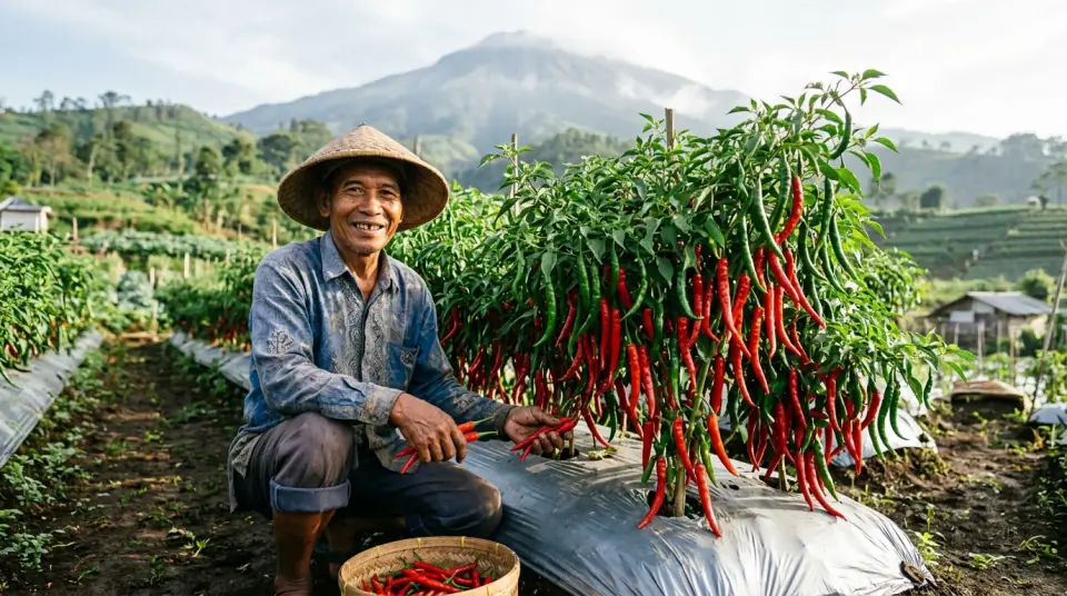 Foto hasil panen cabai merah melimpah dari pohon yang pulih