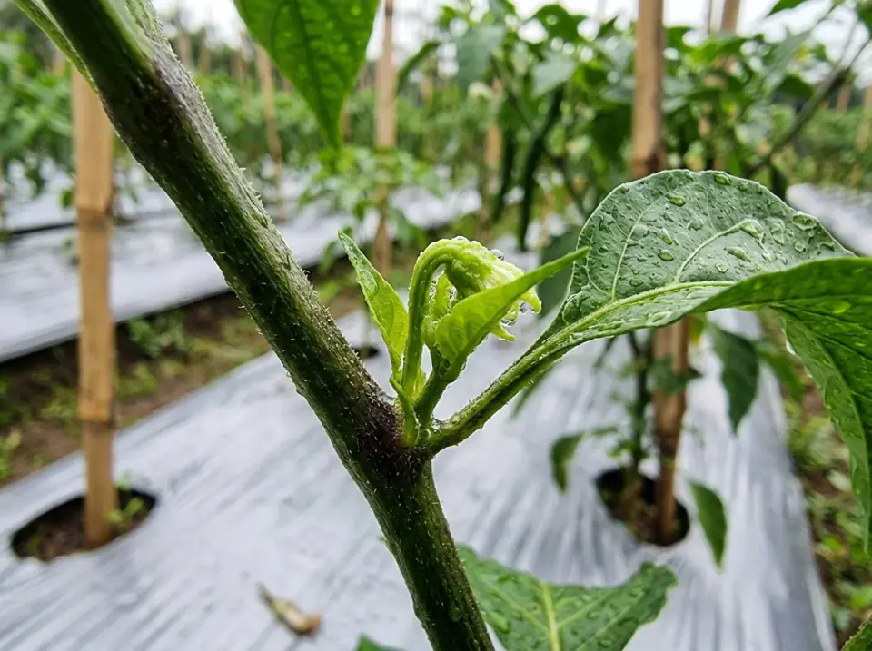 Foto makro pucuk tunas hijau baru memecah aktif dari ketiak cabang