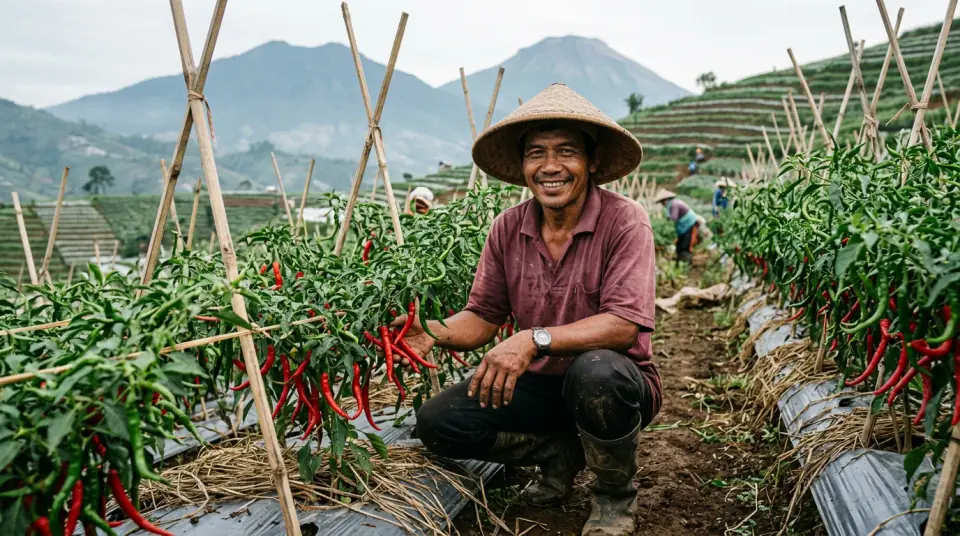 Dokumentasi tanaman cabai merah keriting Pak Sunardi bertunas lebat dan berbuah rimbun di Temanggung