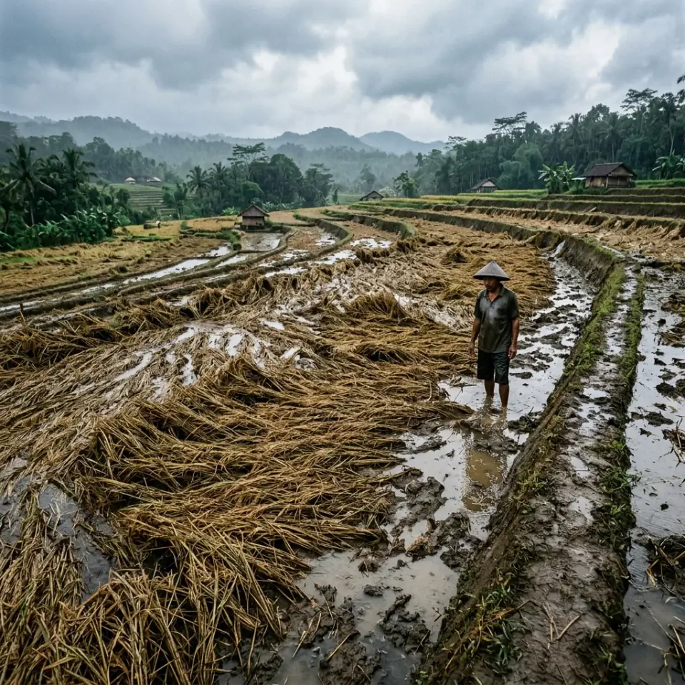 Kondisi sawah padi roboh rata tanah terendam lumpur air hujan
