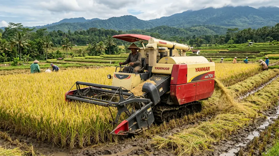 Foto panen raya padi aman tebas kombi hasil panen utuh