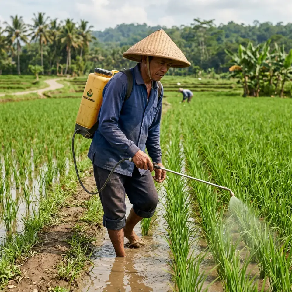 Petani menyemprot kabut nutrisi penguat batang di sawah padi pagi hari