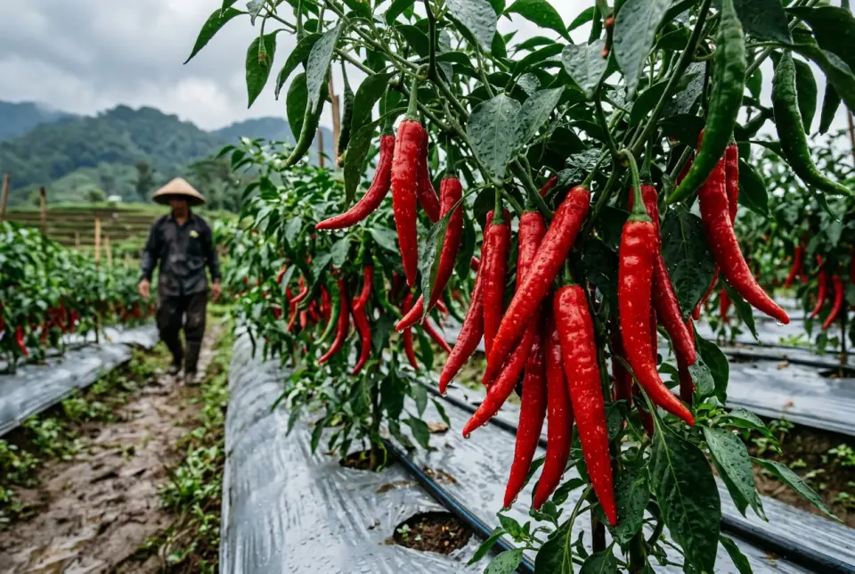 Dokumentasi buah cabai merah lebat mulus mengkilap bebas bintik hitam patek sehabis semprot SARATOGA
