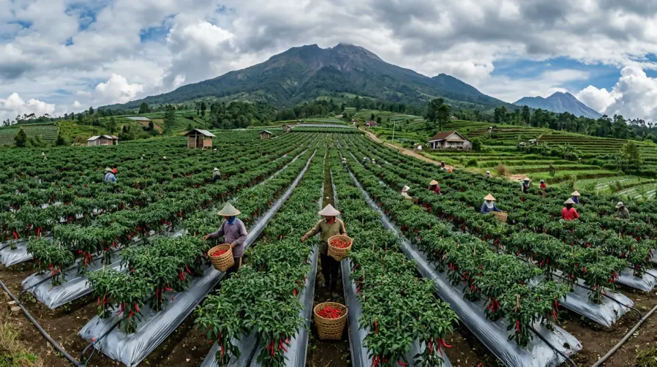 Foto panorama hamparan kebun cabai merah lebat mulus di perbukitan