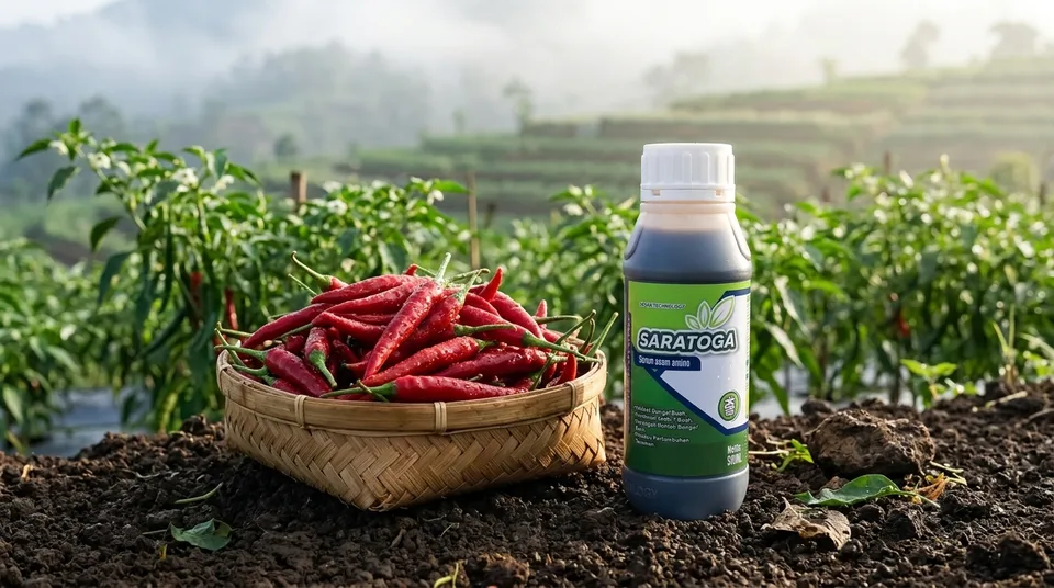 Botol Serum Tanaman SARATOGA di Kebun Cabai Merah Lebat