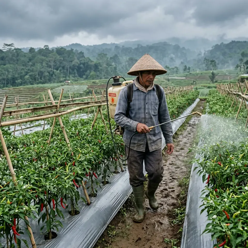 Petani menyemprot kabut serum pelindung buah cabai di kebun pagi hari