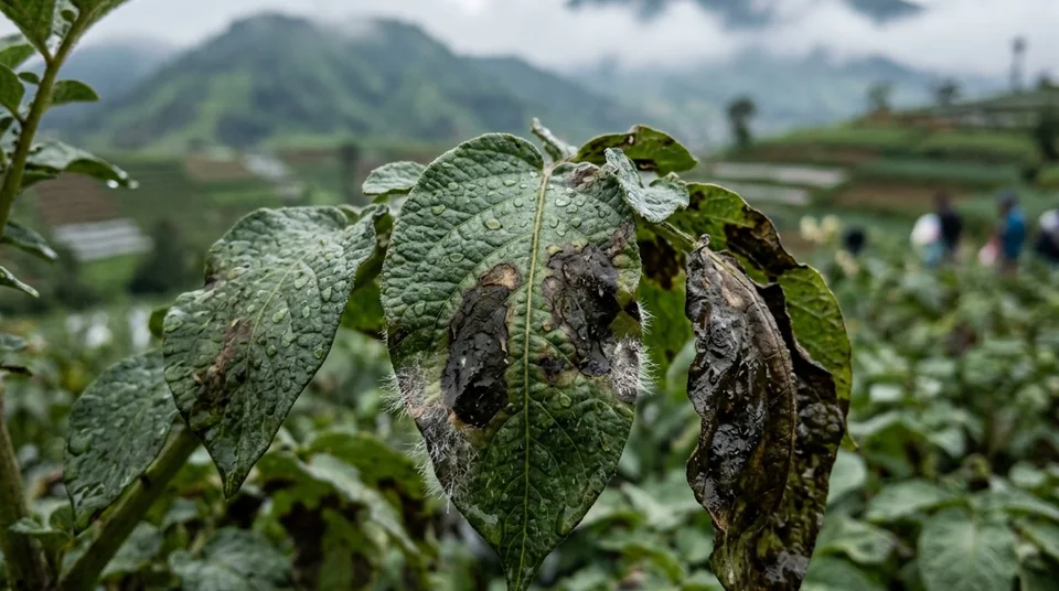 Bercak basah hitam lodoh Phytophthora infestans dengan tepung putih di tepi daun kentang