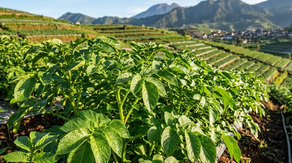 Hamparan kebun kentang terasering di dataran tinggi Dieng yang hijau subur bebas lodoh