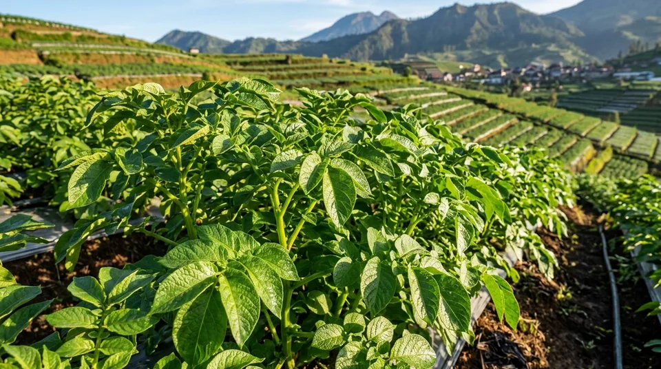 Lahan kentang dengan Kojien daun hijau tebal tegak di kabut dan umbi kuning besar