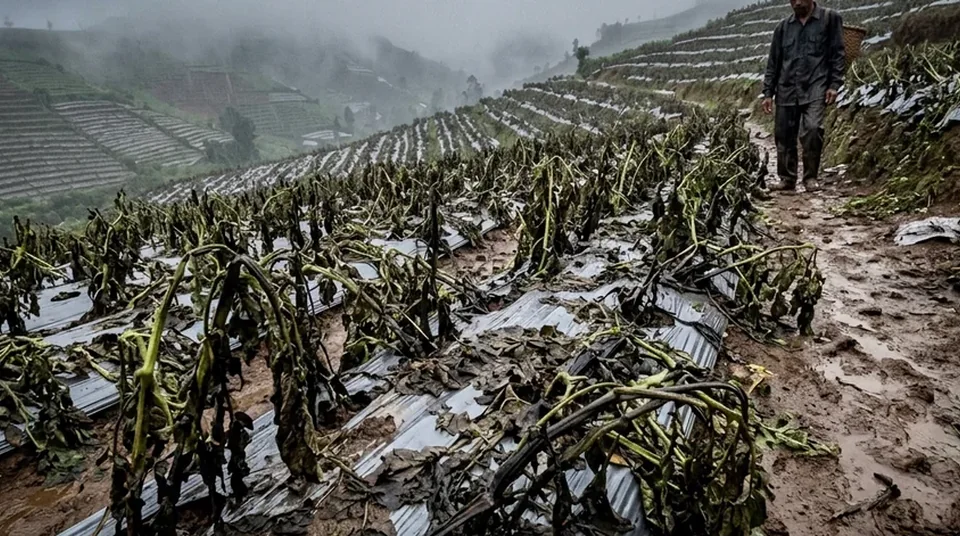 Lahan kentang tanpa Kojien daun hangus lodoh dan umbi kecil busuk
