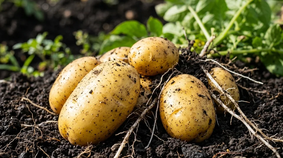 Detail batang dan daun kentang yang kokoh berdampingan dengan umbi kentang super