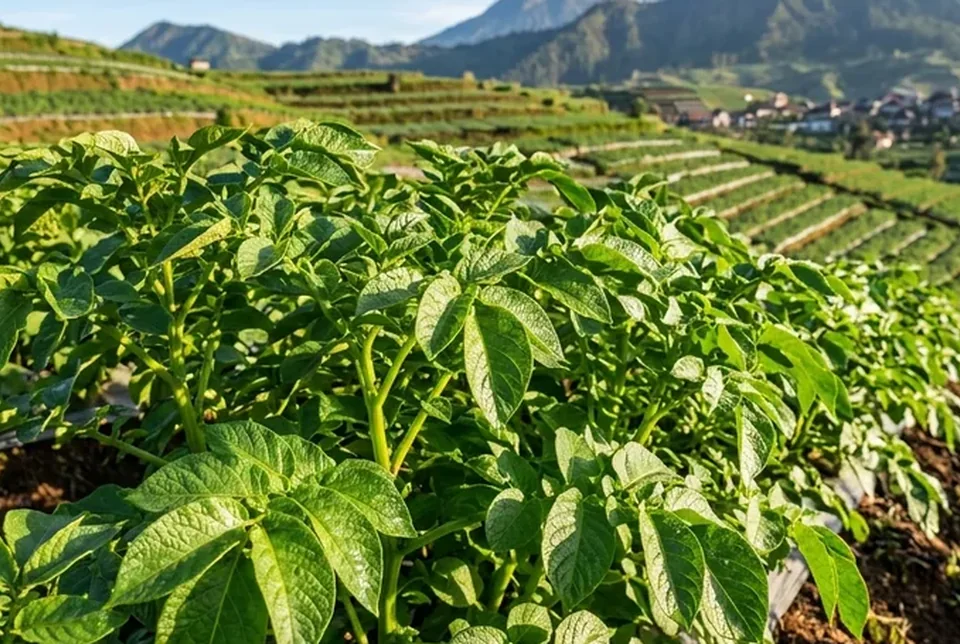 Daun kentang tebal tegak berlapis silika dengan butiran air embun menggelinding