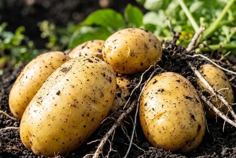 Rumpun akar stolon kentang yang dicabut penuh dengan 12 umbi kentang kuning besar