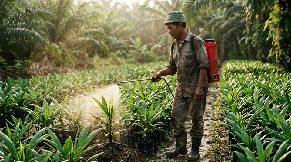 Petani menyemprot dan mengocor larutan nutrisi AUSSIE pada bibit kelapa sawit