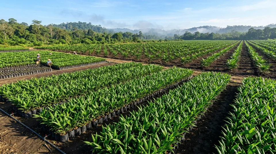 Foto panorama hamparan pembibitan dan kebun kelapa sawit muda tumbuh serempak hijau pekat