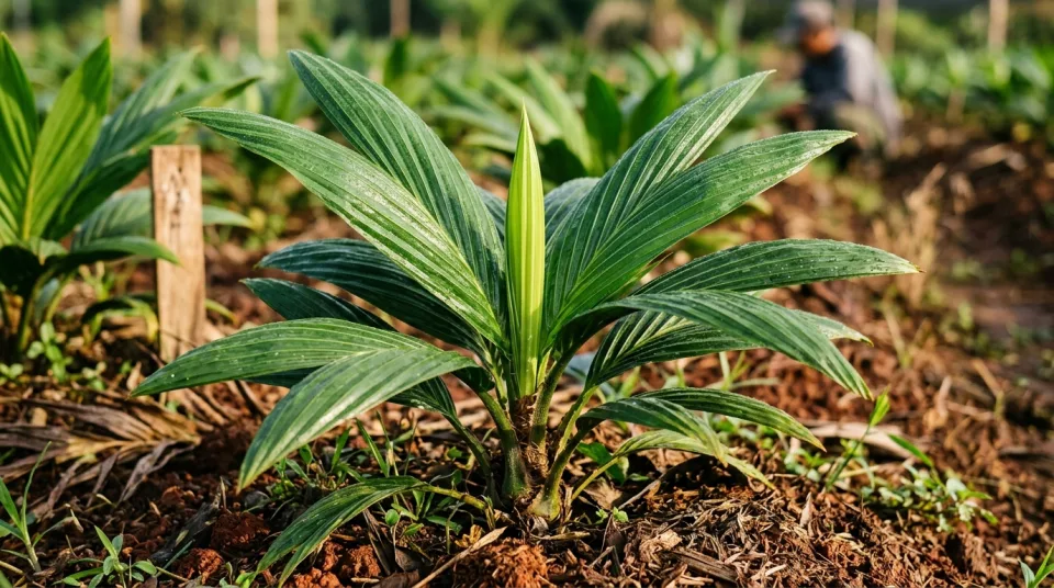 Kondisi bibit kelapa sawit pulih sehat hijau pekat pupus tegap dan bonggol kokoh
