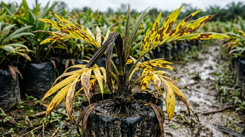 Kondisi bibit kelapa sawit busuk kuning bercak Curvularia layu dan busuk pupus
