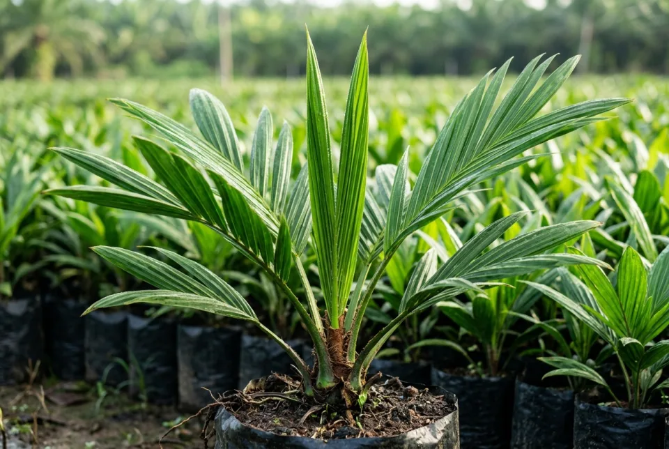 Tombak pupus baru kelapa sawit mencuat tegap hijau gelap mengkilap bebas jamur Curvularia