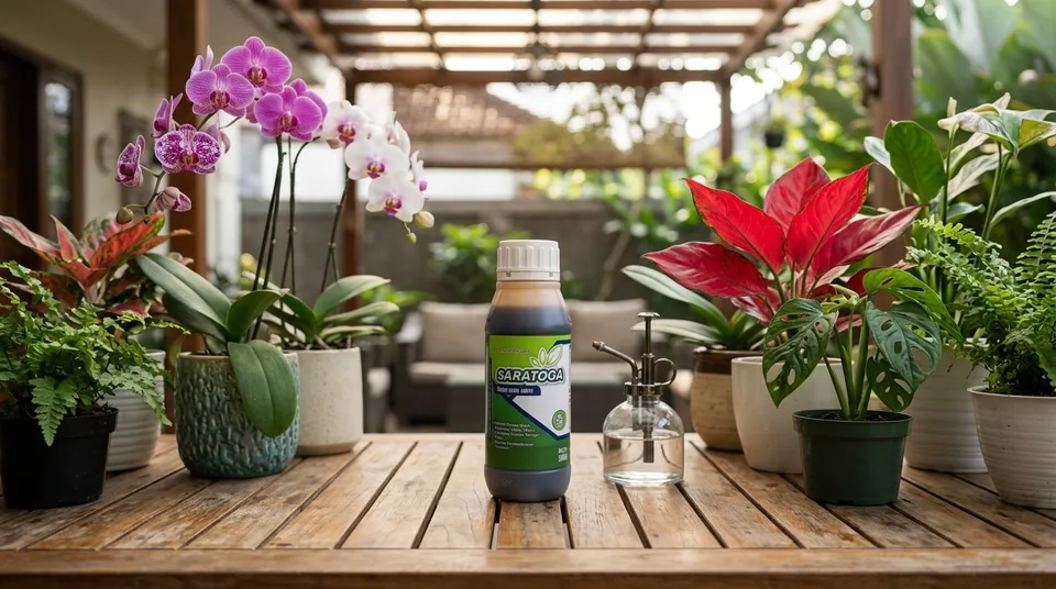Botol Serum Tanaman Premium SARATOGA Asli Dikelilingi Tanaman Hias Segar
