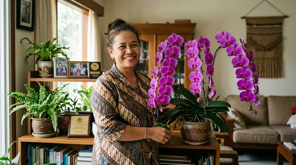 Dokumentasi Ibu Ratna dengan koleksi anggrek bulan berbunga mekar lebat 3 spike sehabis pakai SARATOGA