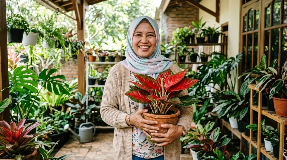 Dokumentasi Ibu Desi memegang Aglonema Suksom daun merah merona tebal sehabis aplikasi SARATOGA