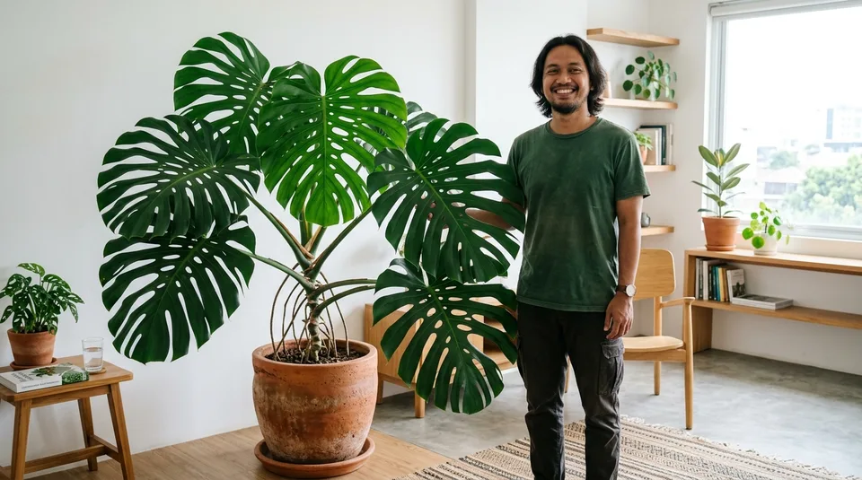 Dokumentasi Mas Dimas bersama koleksi Monstera Deliciosa raksasa berfenestrasi sempurna sehabis aplikasi SARATOGA