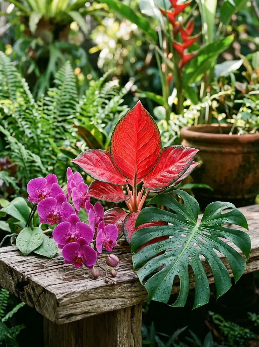 Foto kompilasi bunga anggrek mekar, daun aglonema merah merona, dan daun monstera berfenestrasi sempurna