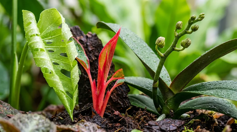 Foto makro tunas merah aglonema, tangkai spike anggrek, dan daun muda monstera membuka segar