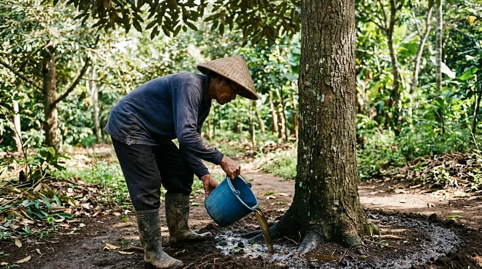 Petani kebun buah menyemprotkan Saratoga ke dahan dan bawah daun pohon alpukat