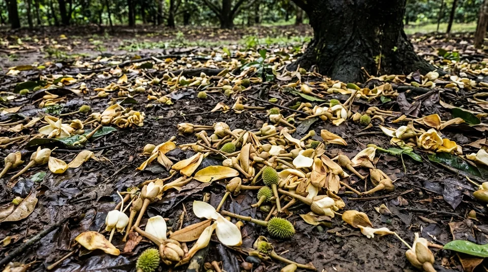 Bunga dan pentil buah muda durian alpukat mangga rontok berserakan di tanah habis hujan