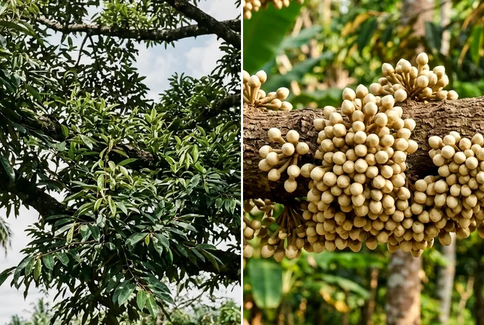 Perbandingan pohon durian alpukat rimbun daun tanpa bunga vs dahan penuh bunga dan pentil buah dengan Saratoga