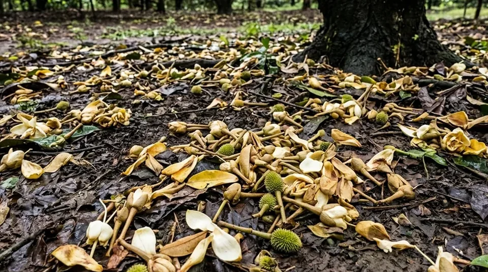 Pohon buah tanpa Saratoga hanya rimbun daun dan bunga rontok di tanah