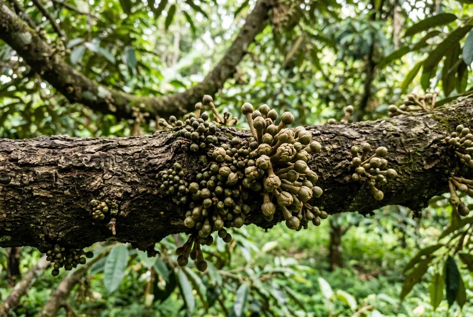 Mata ketam dan bakal bunga dompolan keluar rapat di sepanjang dahan durian dan alpukat
