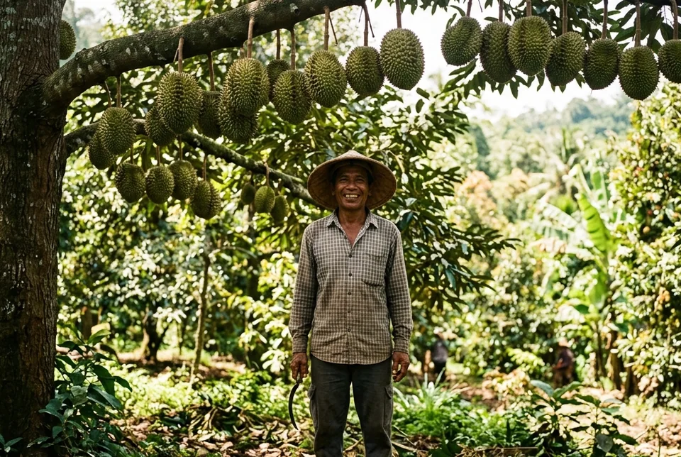 Dahan pohon alpukat mentega dan durian merunduk penuh buah ukuran super