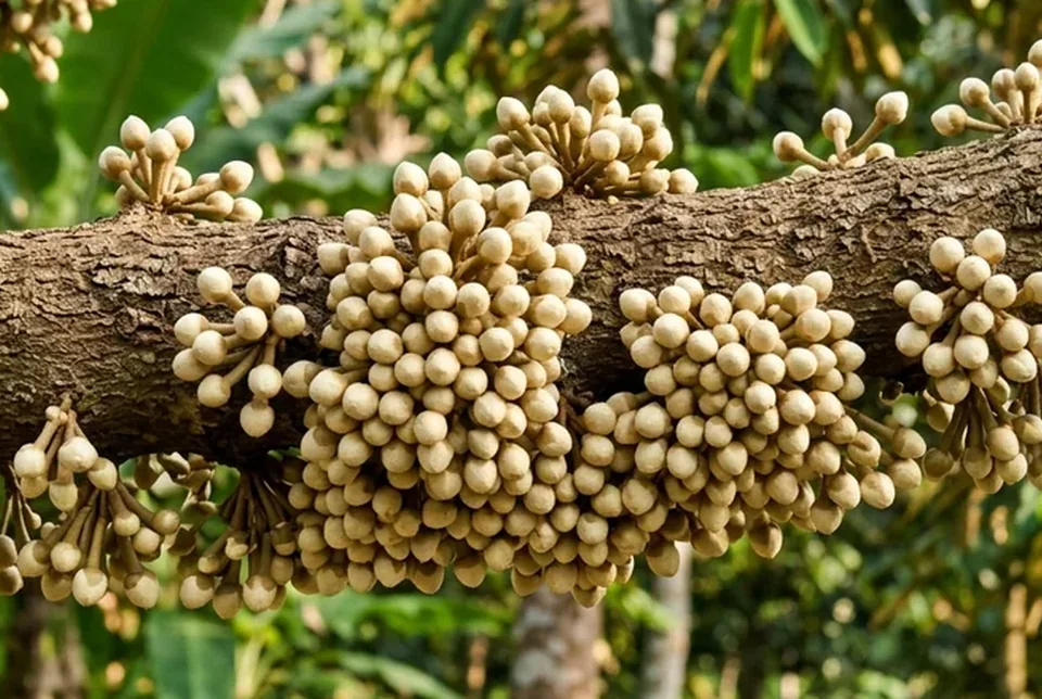 Belahan alpukat mentega kuning tebal pulen berdampingan dengan dompolan buah di pohon