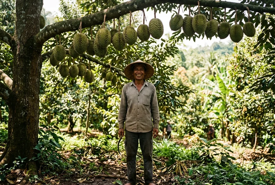 Keranjang panen penuh buah alpukat mentega durian dan mangga ukuran super