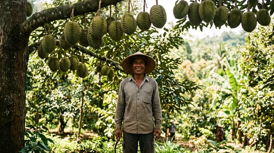 Pak H.Bambang di Malang Jawa Timur berdiri di samping pohon alpukat yang penuh buah