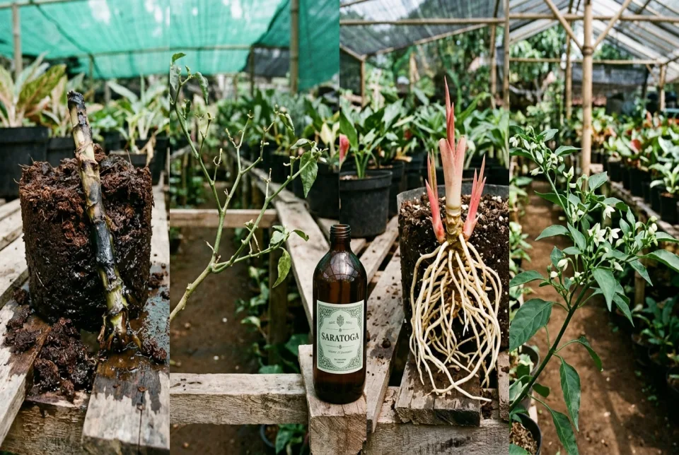 Perbandingan bonggol lonyot dan cabang cabai mandul vs bonggol keluar akar putih gondrong 4 jarum tunas dan cabang cabai penuh bunga dengan Saratoga