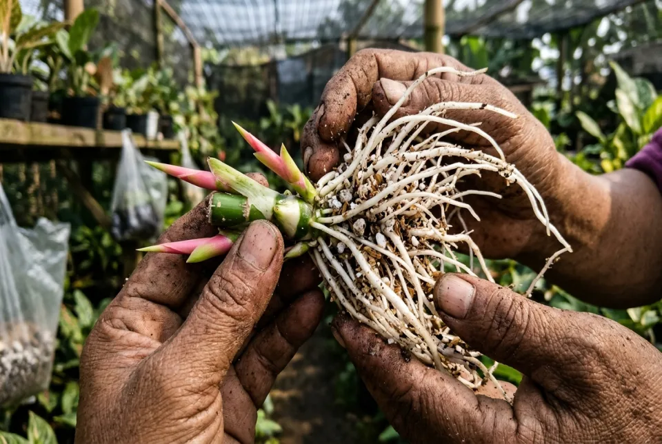Potongan cacah bonggol Aglonema dan Monstera keluar akar putih gondrong dan 4 jarum tunas merah muda