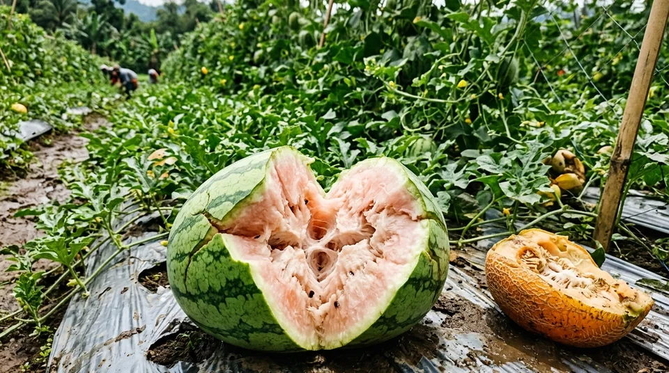 Buah semangka dan melon pecah merekah di lahan setelah terkena hujan