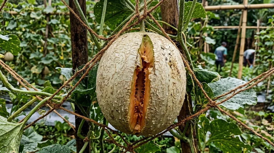 Belahan semangka pucat putih berongga hambar dan melon tanpa jaring net