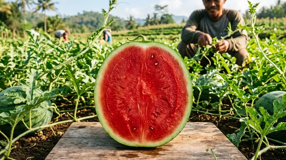 Hamparan kebun semangka dan melon saat panen raya dengan buah jumbo berjajar rapi